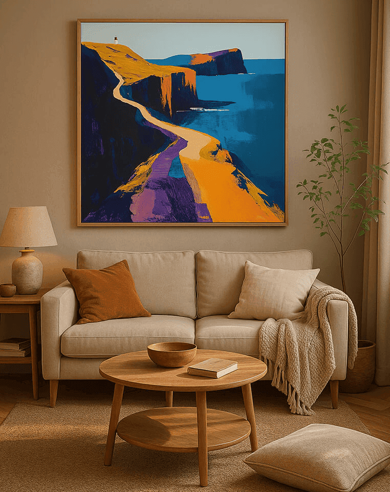 AI inspired painting, custom wall art, modern interior decor Hand-painted flower artwork in modern living room