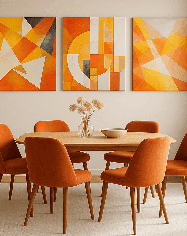 Geometric art, abstract painting, mid-century style decor Geometric artwork in minimalist dining space